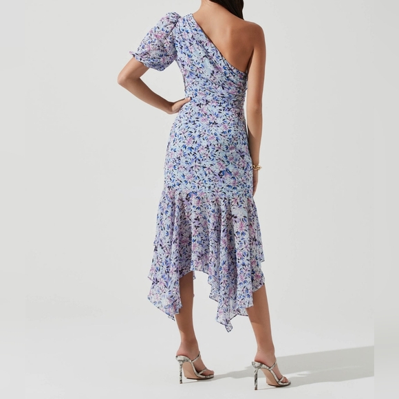 NEW ASTR the Label Blue Multi Floral Santorini One Shoulder Midi Dress XS
